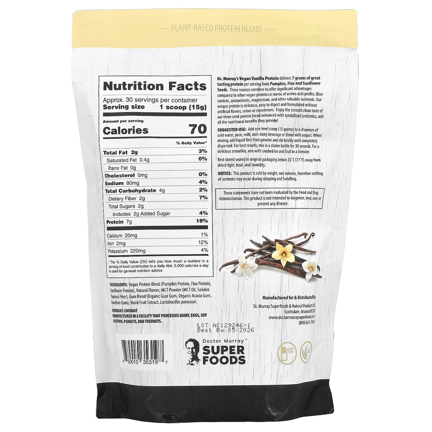Vegan Vanilla Protein Powder by Dr. Murray's - 3 Seed Blend, 16 oz - Image 2