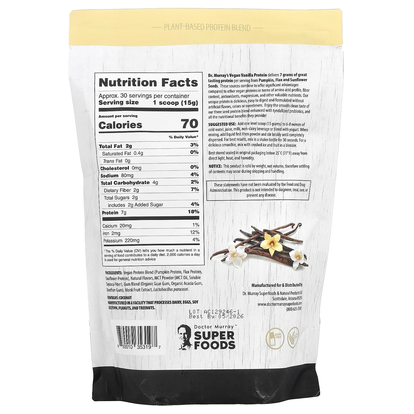 Vegan Vanilla Protein Powder by Dr. Murray's - 3 Seed Blend, 16 oz - Image 2