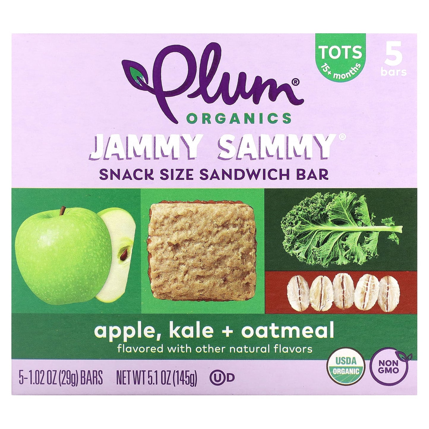 Plum Organics, Jammy Sammy, Snack Size Sandwich Bar, 15 Months and Up, Apple, Kale + Oatmeal, 5 Bars, 1.02 oz (29 g) Each - Image 1