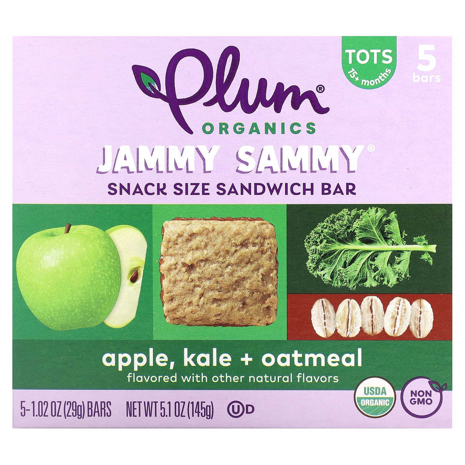 Plum Organics, Jammy Sammy, Snack Size Sandwich Bar, 15 Months and Up, Apple, Kale + Oatmeal, 5 Bars, 1.02 oz (29 g) Each - Image 1