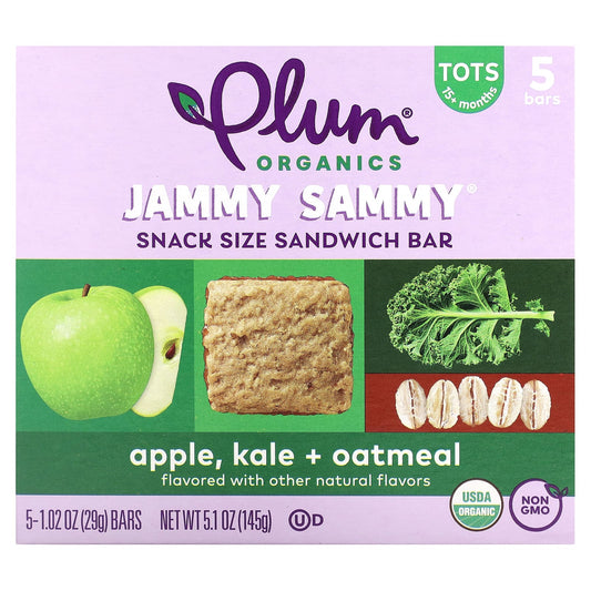Plum Organics, Jammy Sammy, Snack Size Sandwich Bar, 15 Months and Up, Apple, Kale + Oatmeal, 5 Bars, 1.02 oz (29 g) Each - Image 1
