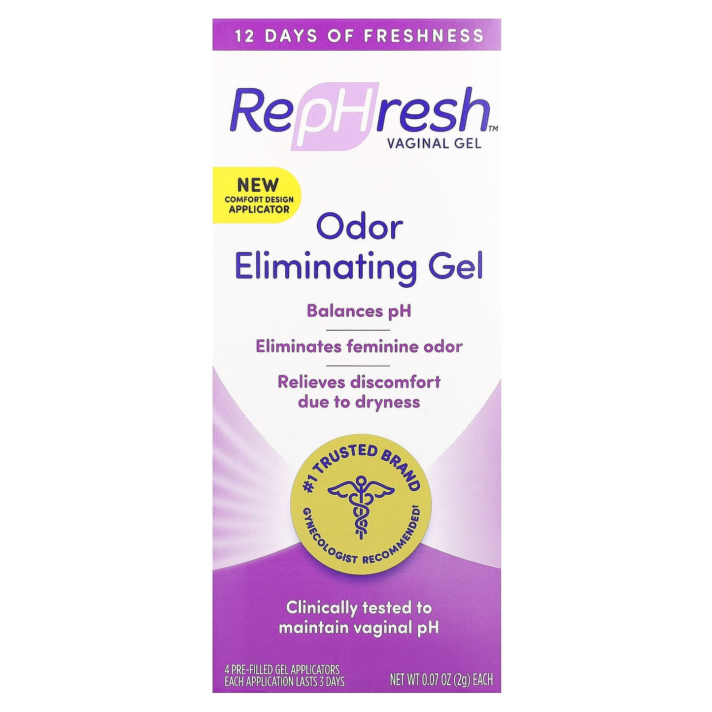 Rephresh, Vaginal Gel, Odor Eliminating Gel, 4 Pre-Filled Gel Applicators, 0.07 oz (2 g) Each - Image 1