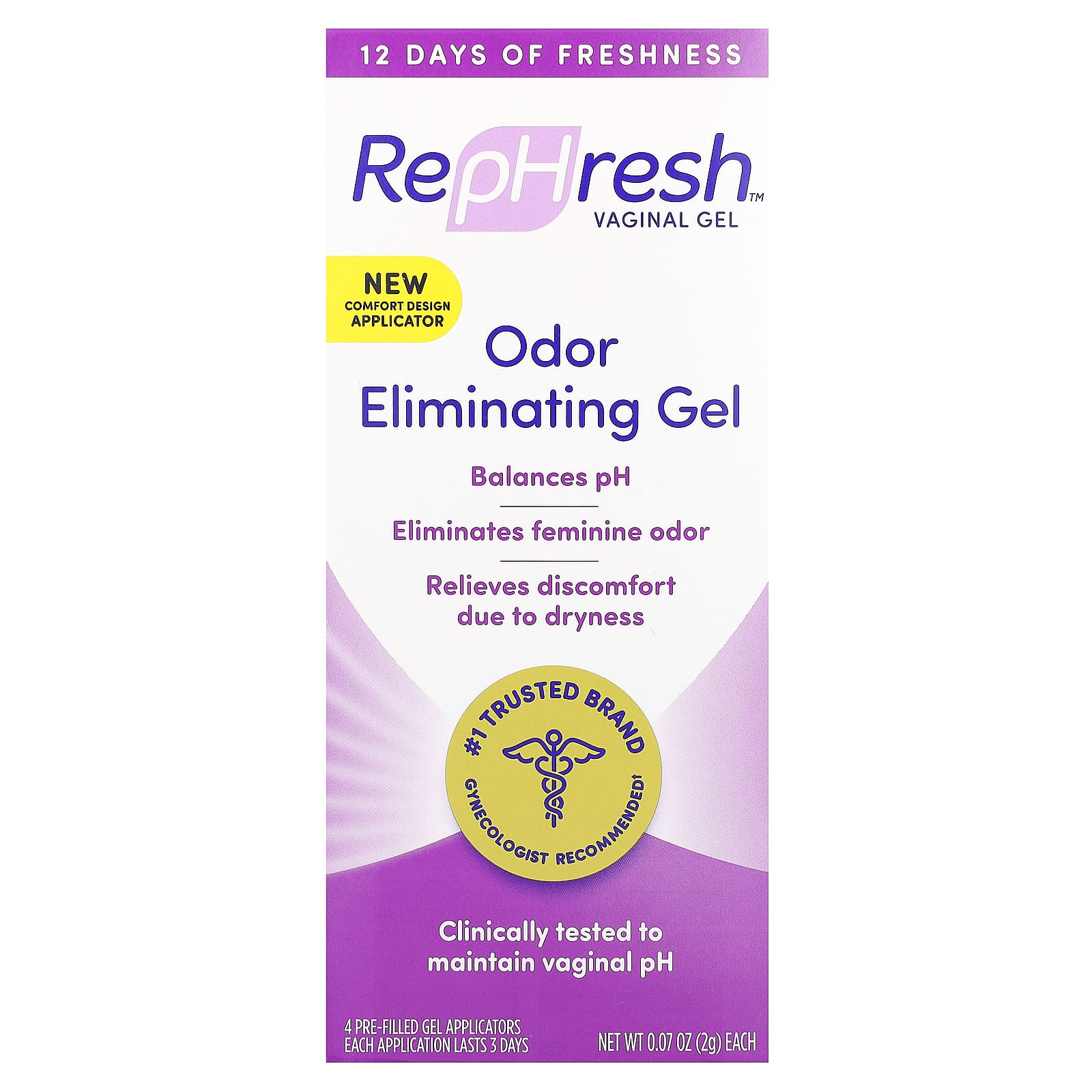 Rephresh, Vaginal Gel, Odor Eliminating Gel, 4 Pre-Filled Gel Applicators, 0.07 oz (2 g) Each - Image 1