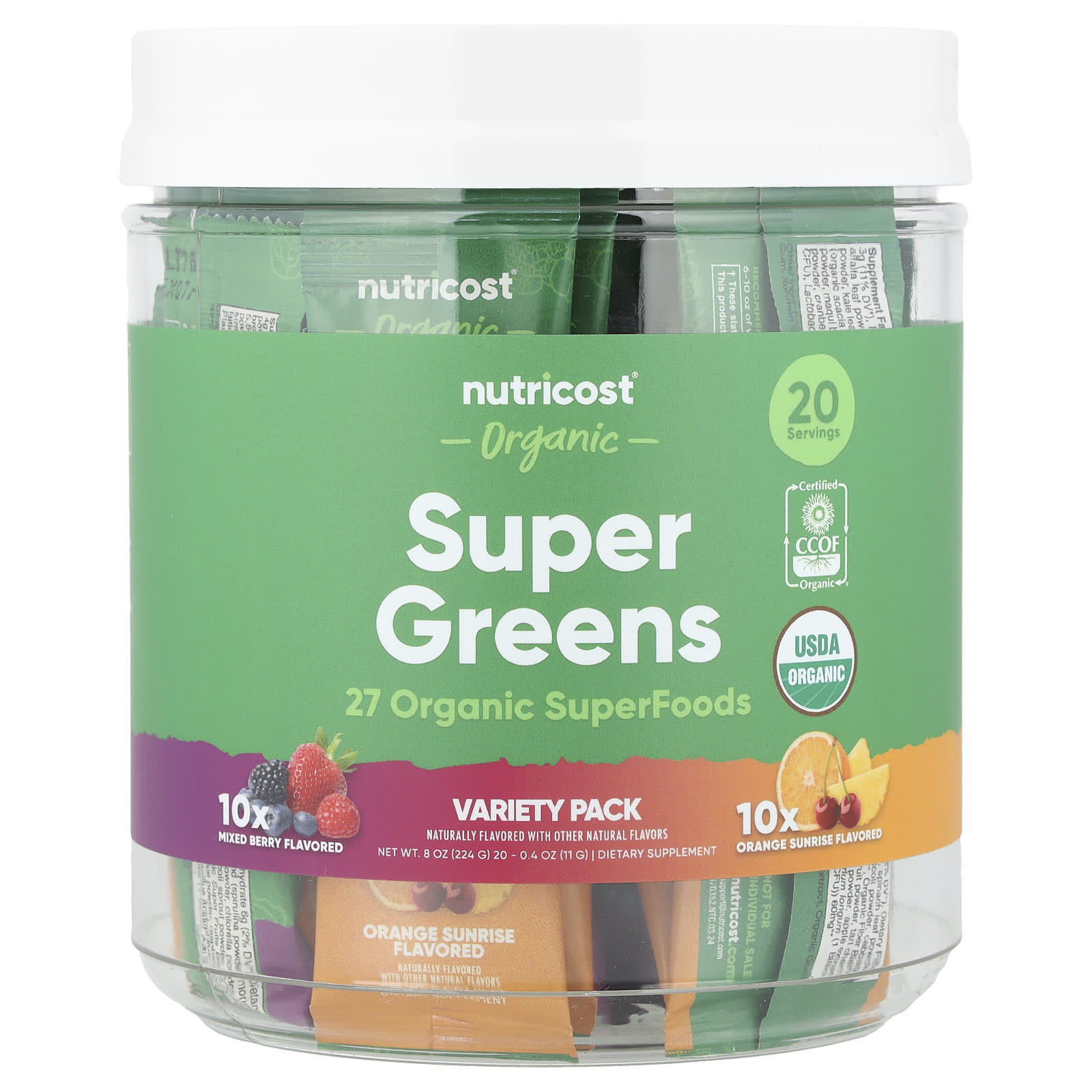 Nutricost, Organic Super Greens, Variety Pack, 20 Packets, 0.4 oz (11 g) Each - Image 1