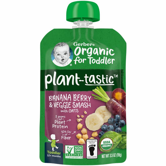 Gerber Organic Toddler Food, Plant-Tastic, Banana Berry & Veggie Smash with Oats, 3.5 oz - Image 1