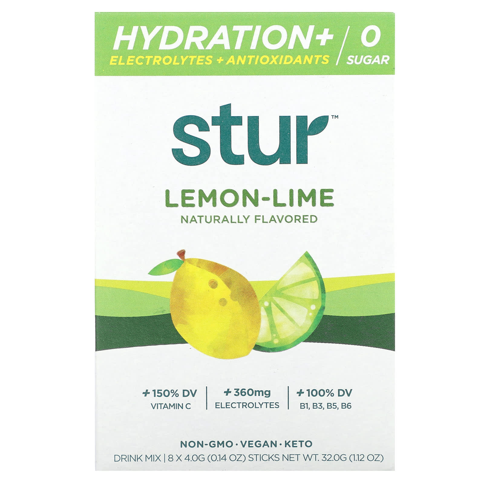 Stur, Hydration + Electrolytes + Antioxidants Drink Mix, Lemon-Lime, 8 Sticks, 0.14 oz (4 g) Each - Image 1