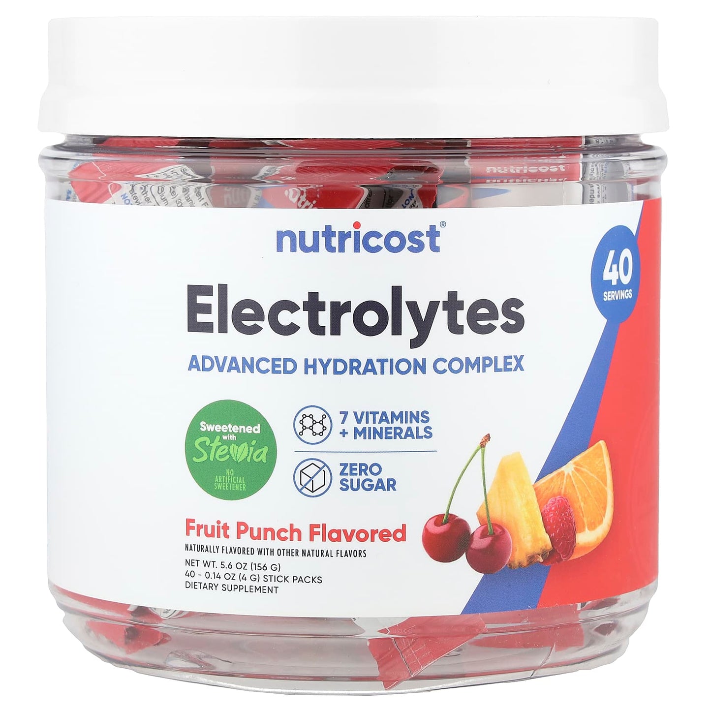 Nutricost, Electrolytes, Advanced Hydration Complex, Fruit Punch, 40 Stick Packs, 0.14 oz (4 g) Each - Image 1