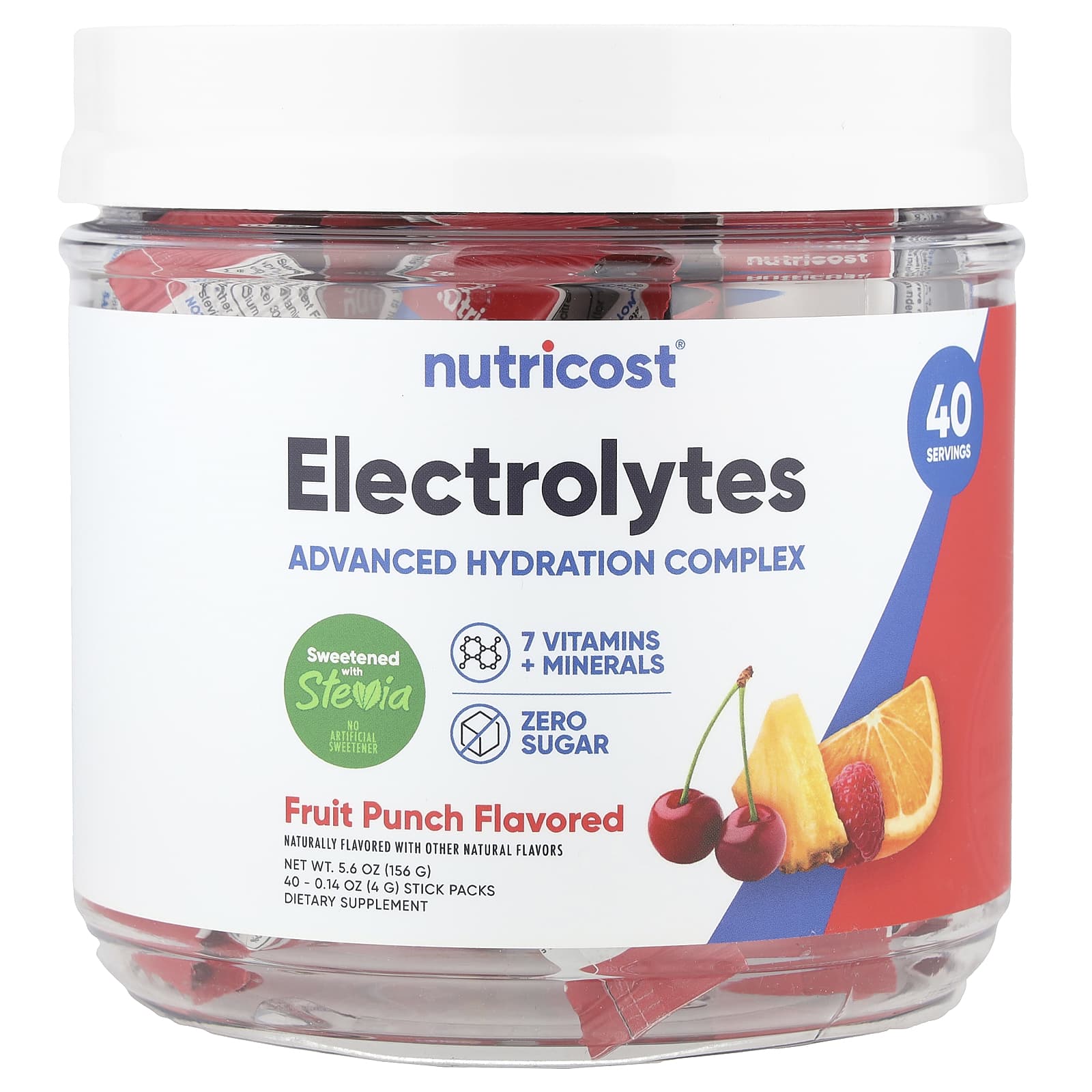 Nutricost, Electrolytes, Advanced Hydration Complex, Fruit Punch, 40 Stick Packs, 0.14 oz (4 g) Each - Image 1