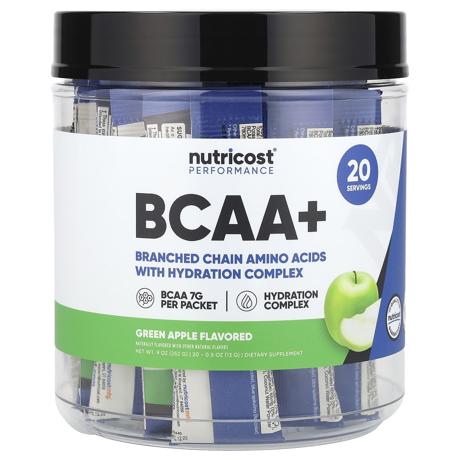 Nutricost, Performance, BCAA+, Green Apple, 20 Packets, 0.5 oz (13 g) Each - Image 1