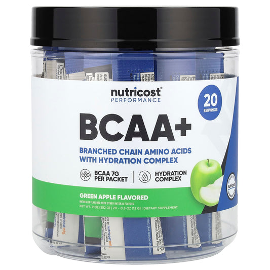 Nutricost, Performance, BCAA+, Green Apple, 20 Packets, 0.5 oz (13 g) Each - Image 1