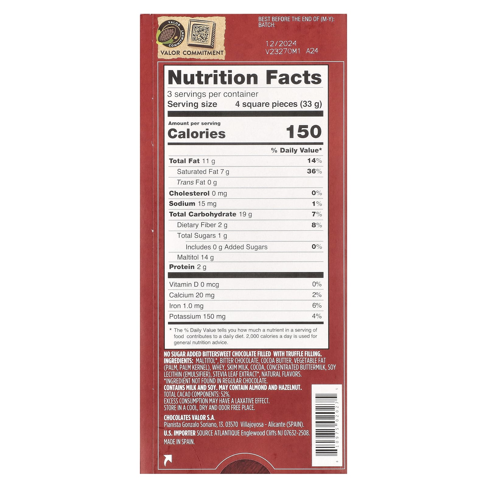 Valor, 0% Sugar Added, Creamy Dark Chocolate with Truffle Cream Filling, 52% Cacao, 3.5 oz (100 g) - Image 2