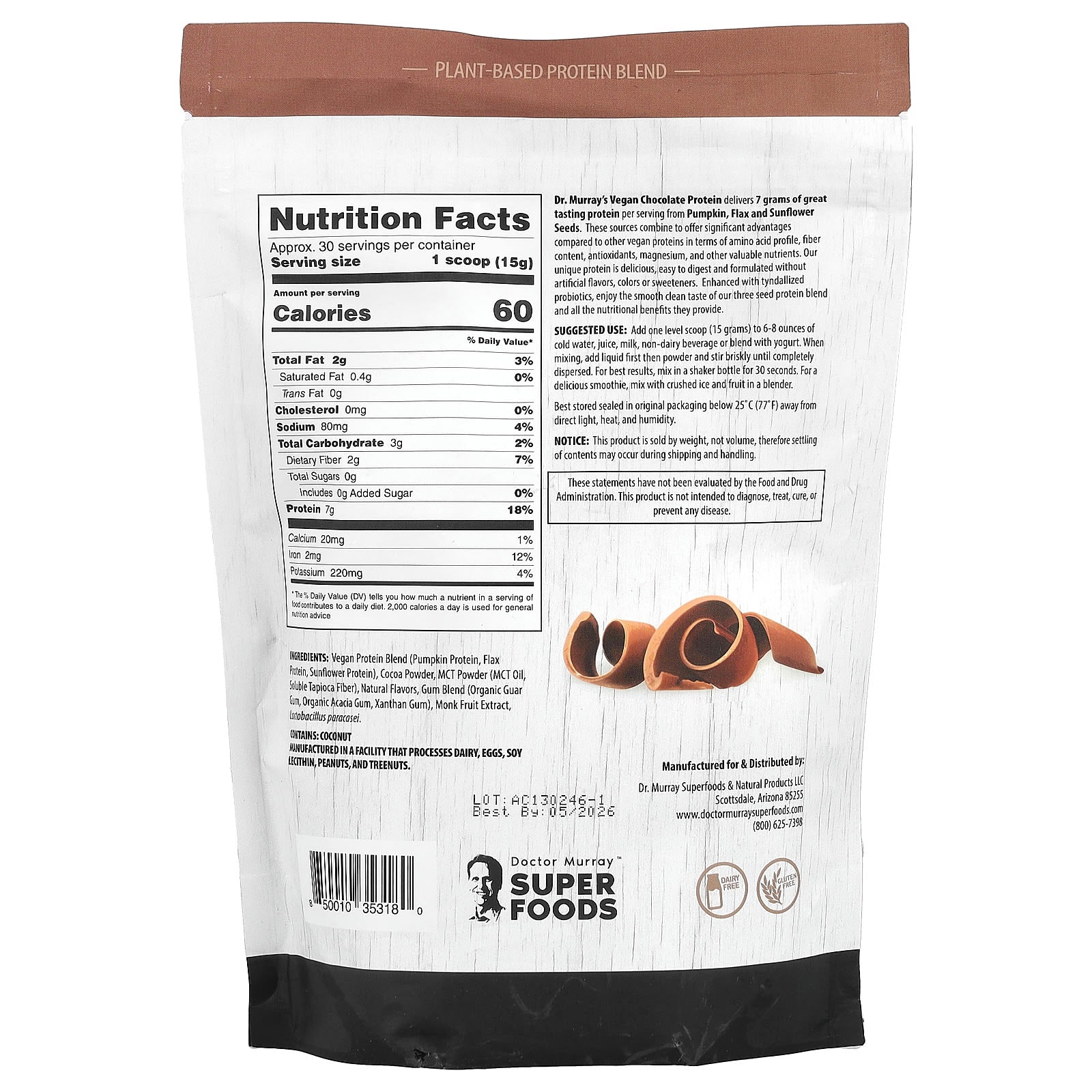 Dr. Murray's Vegan 3 Seed Protein Powder - Chocolate, 16 oz - Image 2
