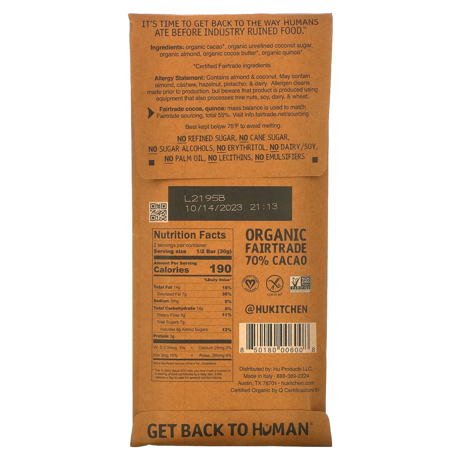 Dark Chocolate, Almond Butter & Puffed Quinoa Bites by Hu, 2.1 oz, Vegan & Kosher - Image 2