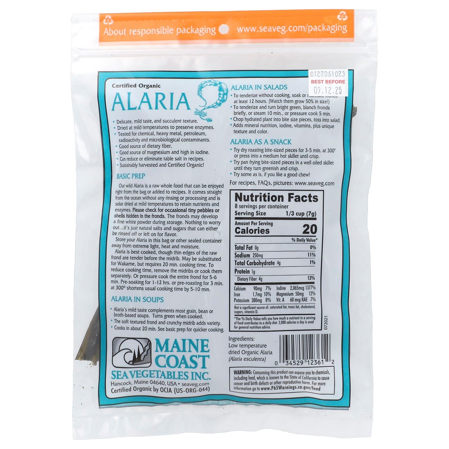 Maine Coast Sea Vegetables, Alaria, Wild Atlantic Wakame, 2 oz (56 g) - Image 2