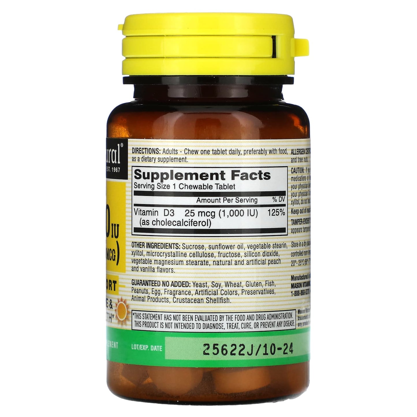 Mason Natural, Vitamin D3, Peach & Vanilla, 25 mcg (1,000 IU), 50 Chewables - Image 2