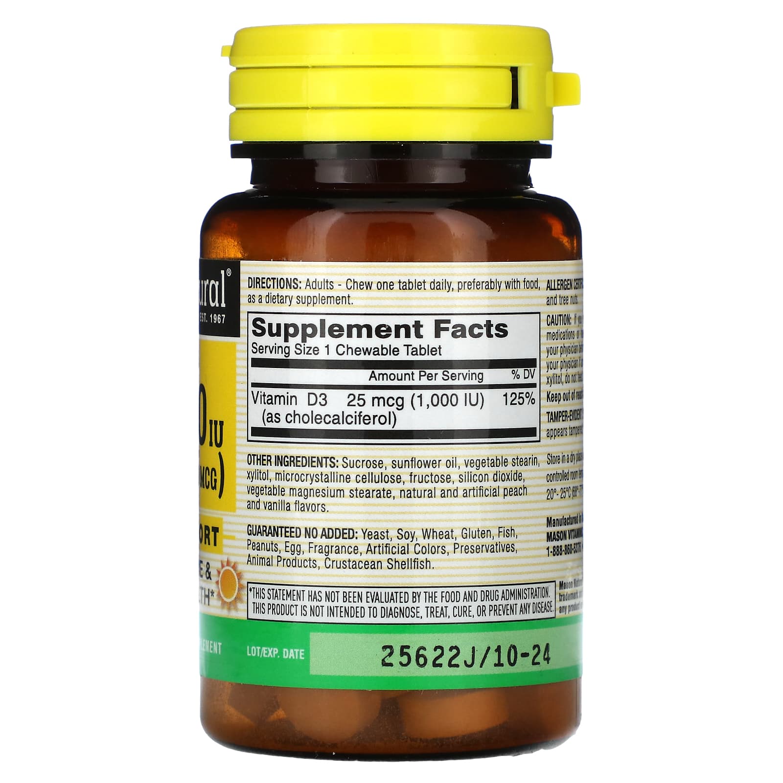 Mason Natural, Vitamin D3, Peach & Vanilla, 25 mcg (1,000 IU), 50 Chewables - Image 2