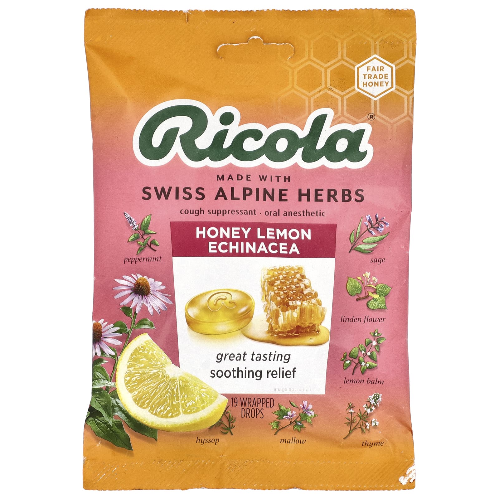 Ricola, Oral Anesthetic, Honey Lemon Echinacea , 19 Wrapped Drops - Image 1