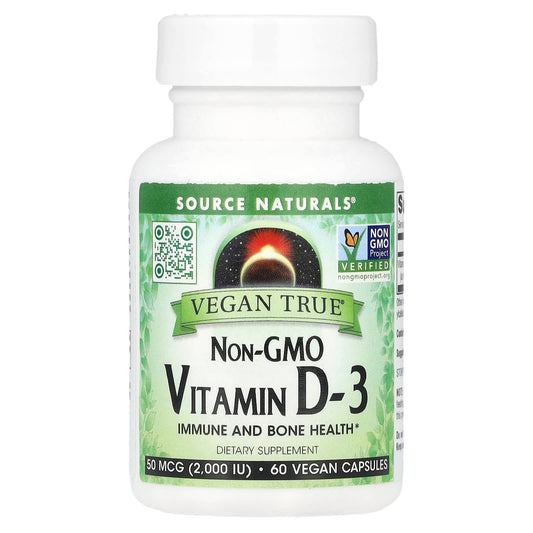 Source Naturals, Vegan True®, Non-GMO Vitamin D3, 50 mcg (2,000 IU), 60 Vegan Capsules - Image 1