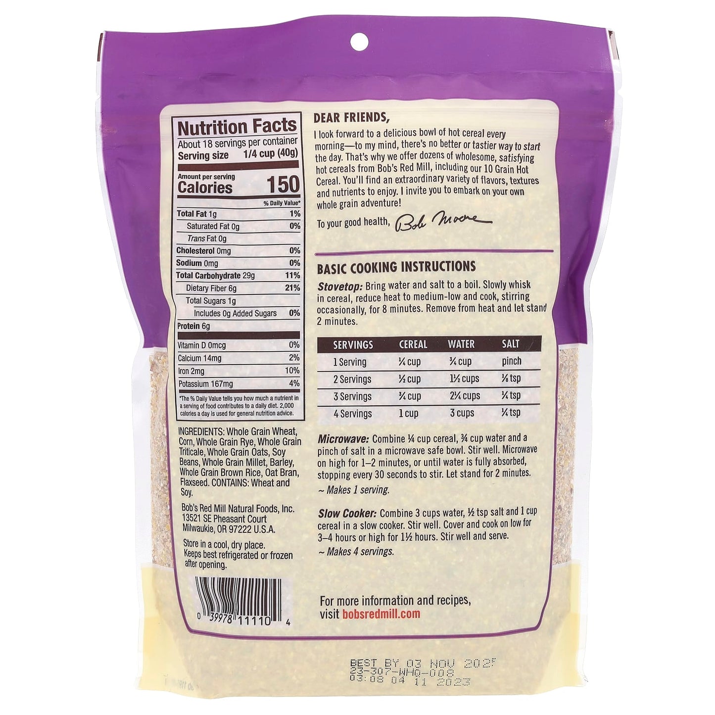 Whole Grain 10 Grain Hot Cereal by Bob's Red Mill - 25 oz (709g) - Image 2