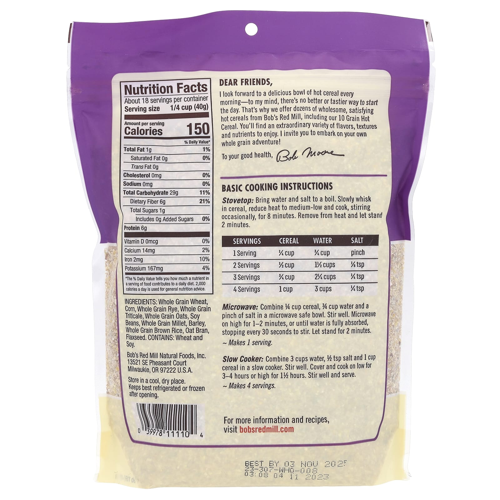 Whole Grain 10 Grain Hot Cereal by Bob's Red Mill - 25 oz (709g) - Image 2