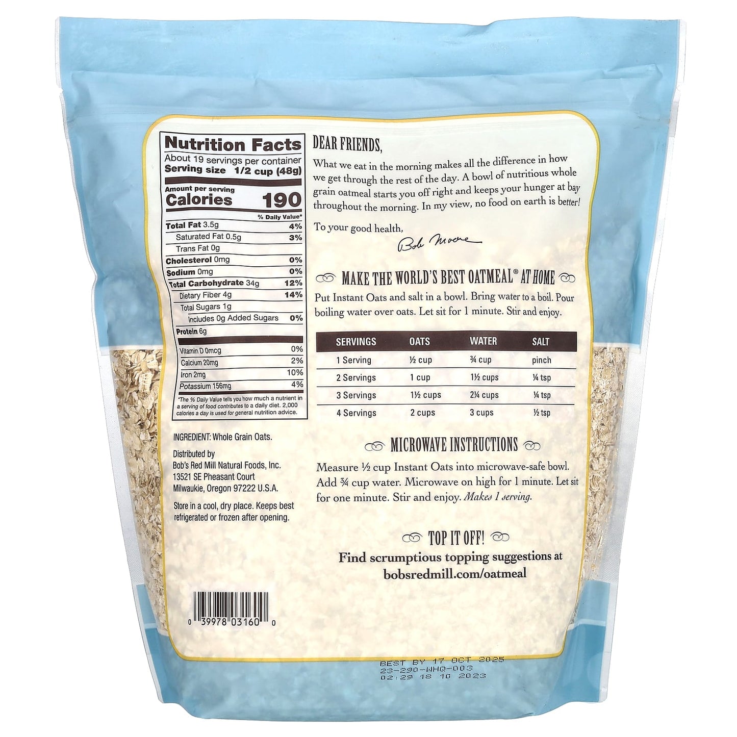 Instant Whole Grain Oatmeal by Bob's Red Mill - 32 oz (907 g) - Image 2