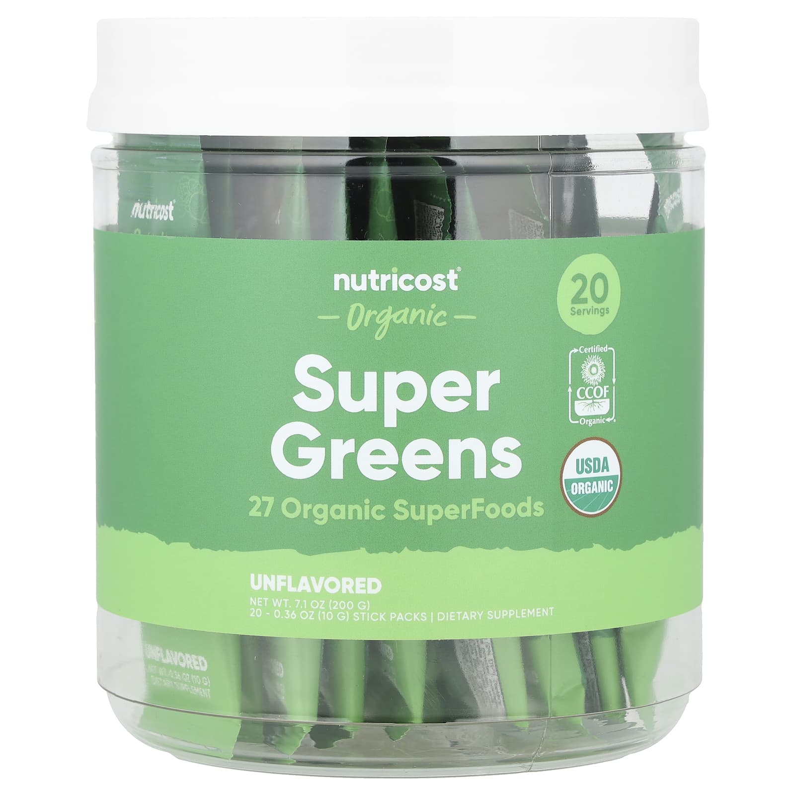 Nutricost, Organic Super Greens, Unflavored, 20 Stick Packs, 0.36 oz (10 g) Each - Image 1