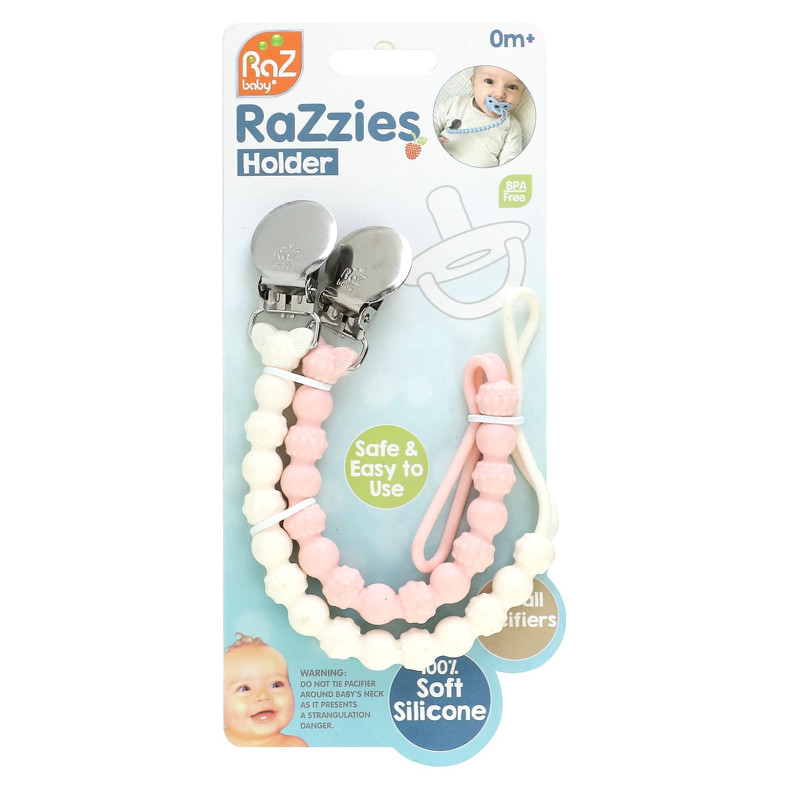 RaZbaby, RaZzies Pacifier Holder, 0m+, Pink/Beige, 2 Holders - Image 1