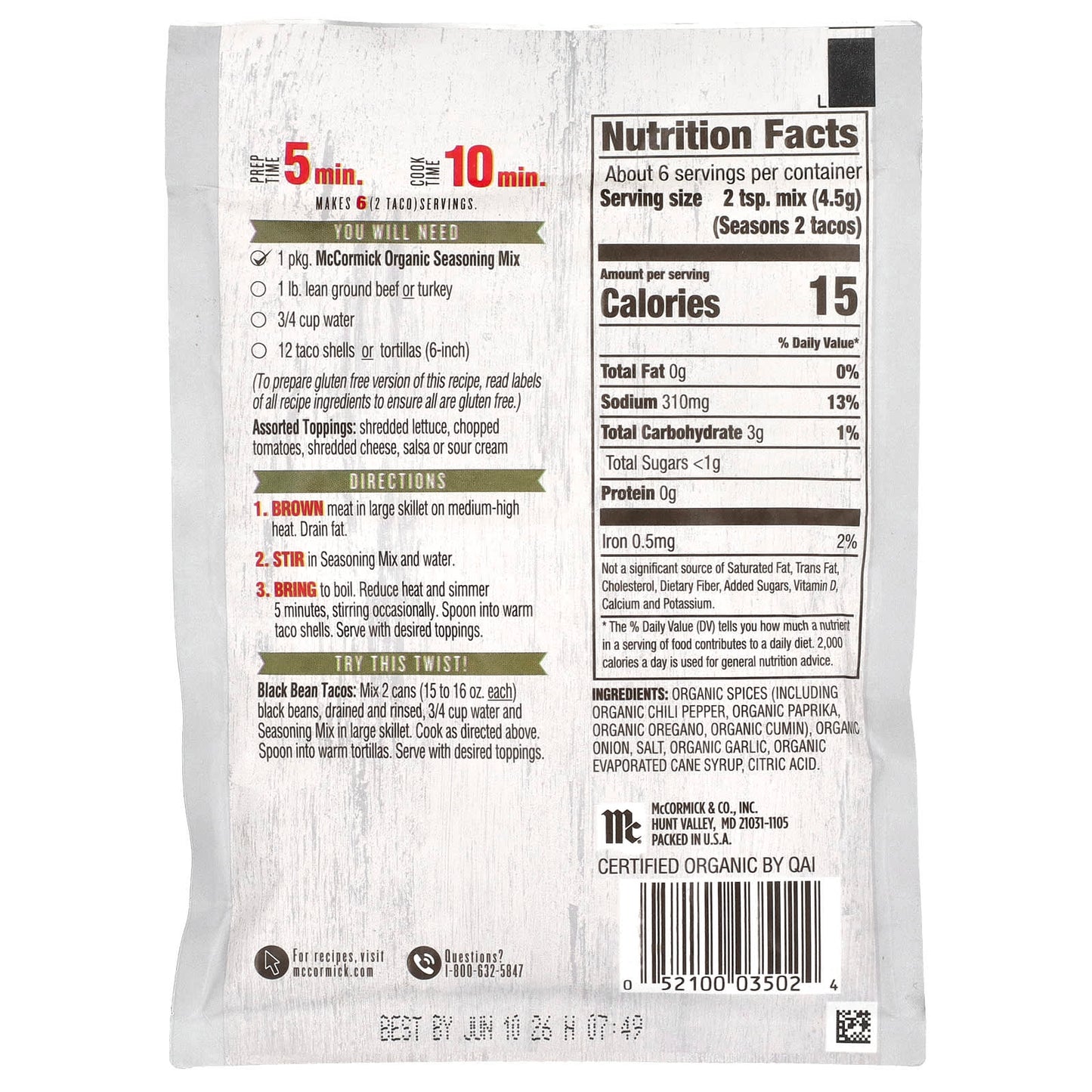 McCormick, Organics, Taco Seasoning Mix, 1 oz (28 g) - Image 2