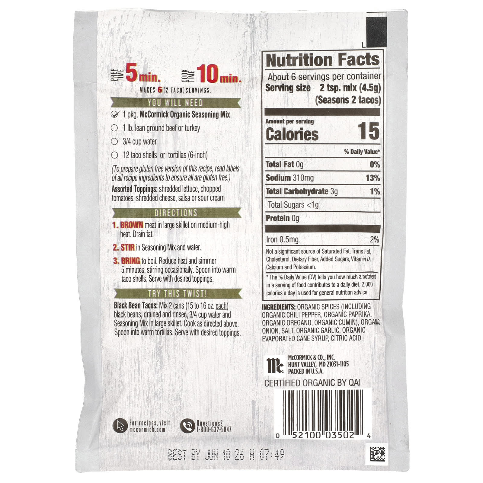 McCormick, Organics, Taco Seasoning Mix, 1 oz (28 g) - Image 2