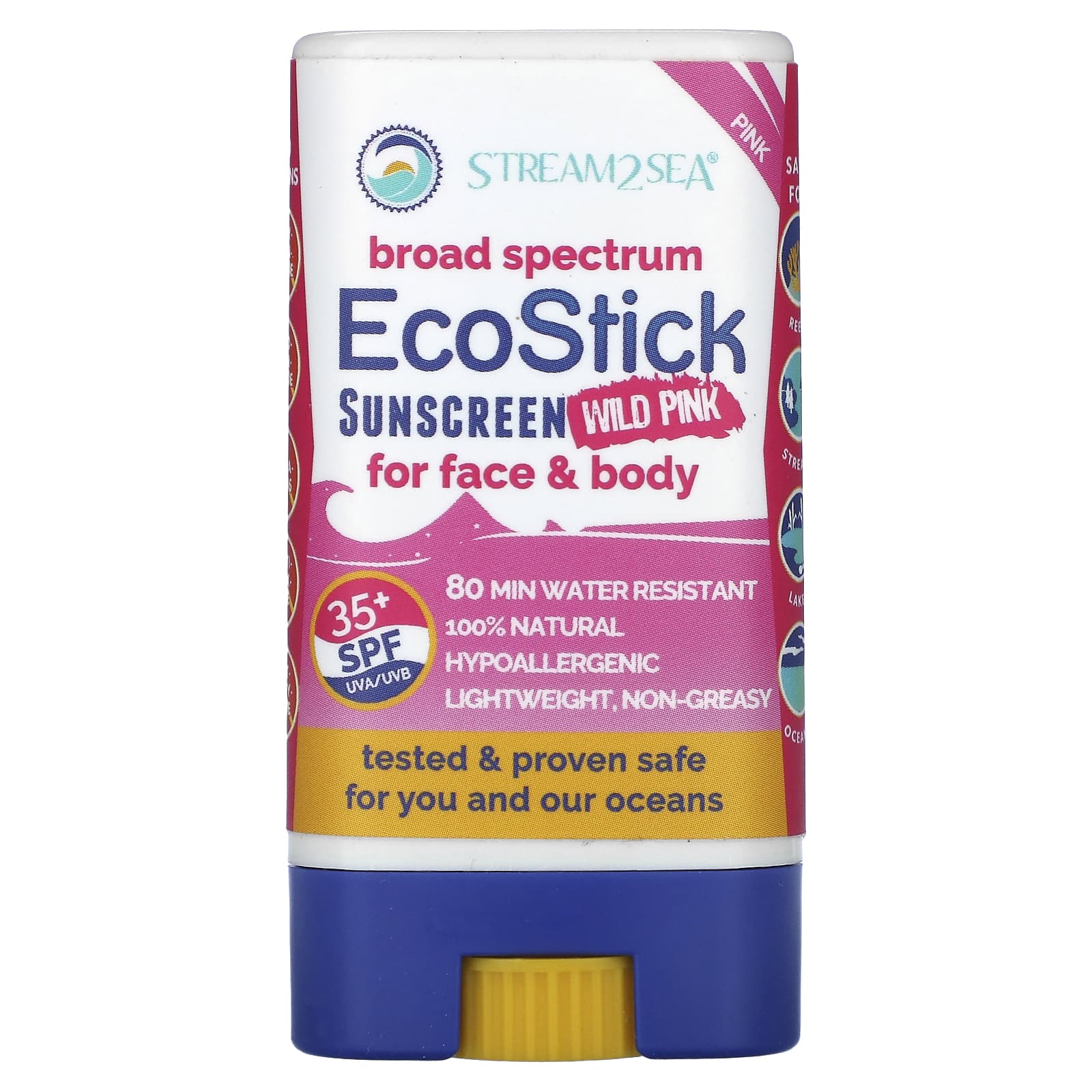 Stream2Sea, EcoStick Sunscreen Wild Pink, SPF 35+, 0.5 oz (14 g) - Image 1