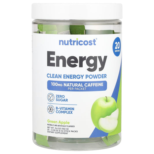 Nutricost, Energy, Clean Energy Powder, Green Apple, 20 Stick Packs, 0.18 oz (5 g) Each - Image 1