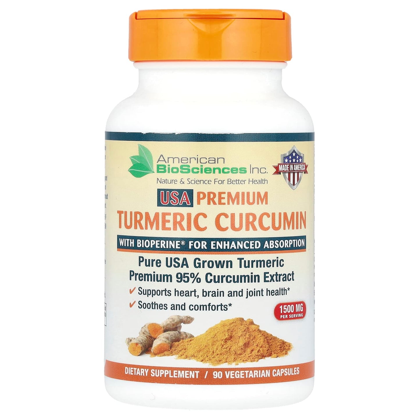 USA Turmeric Curcumin Supplement with BioPerine, 90 Capsules - Image 1