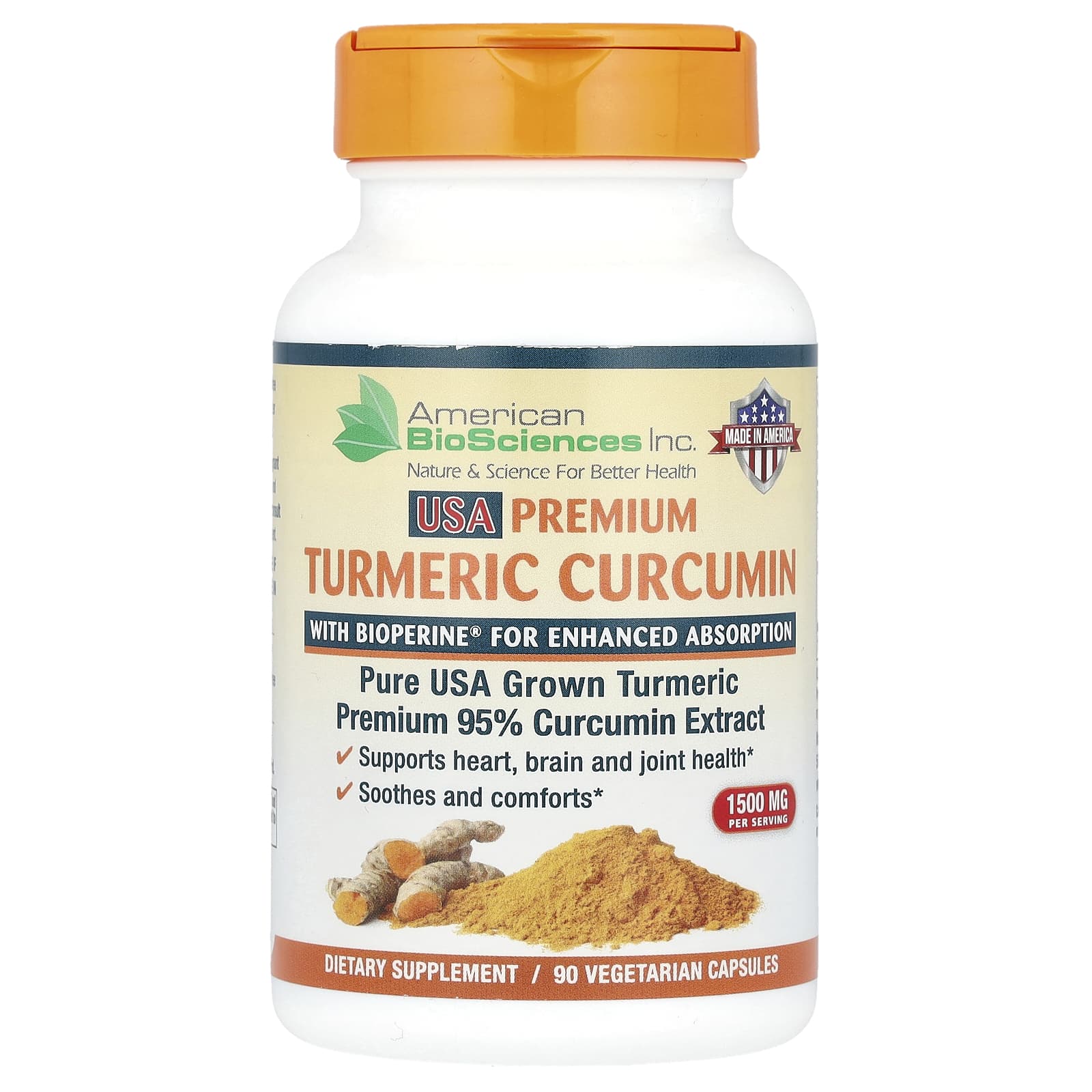 USA Turmeric Curcumin Supplement with BioPerine, 90 Capsules - Image 1