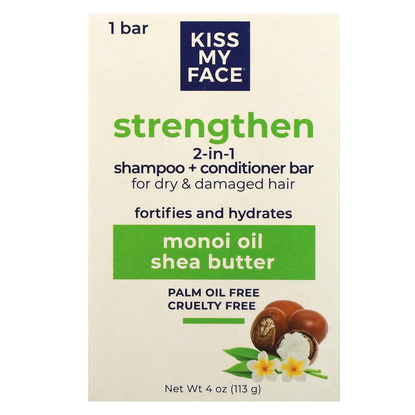Kiss My Face, Strengthen 2-in-1 Shampoo + Conditioner Bar, For Dry & Damaged Hair,  Monoi Oil & Shea Butter, 1 Bar, 4 oz (113 g) - Image 1