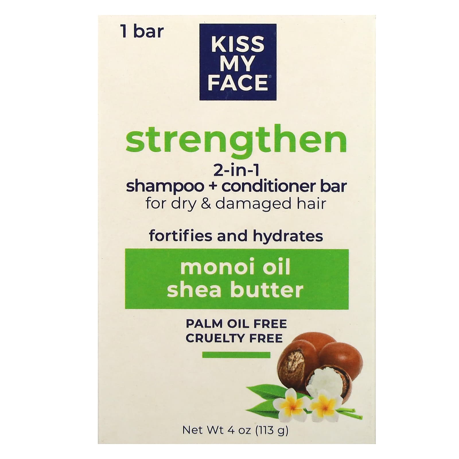 Kiss My Face, Strengthen 2-in-1 Shampoo + Conditioner Bar, For Dry & Damaged Hair,  Monoi Oil & Shea Butter, 1 Bar, 4 oz (113 g) - Image 1