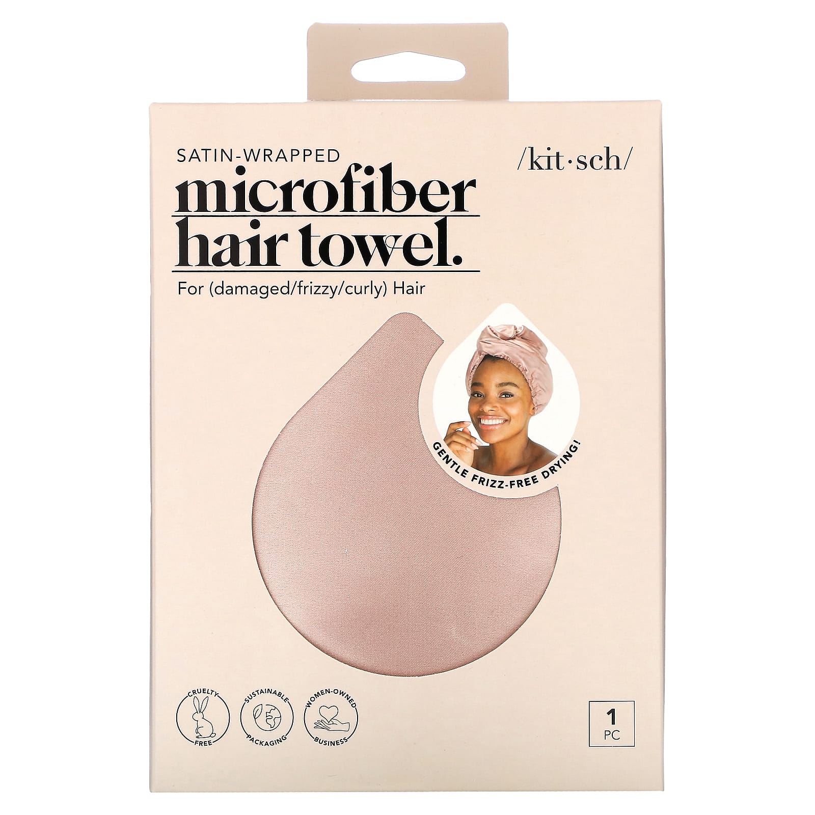 Kitsch, Satin-Wrapped Microfiber Hair Towel, Blush, 1 Towel - Image 1