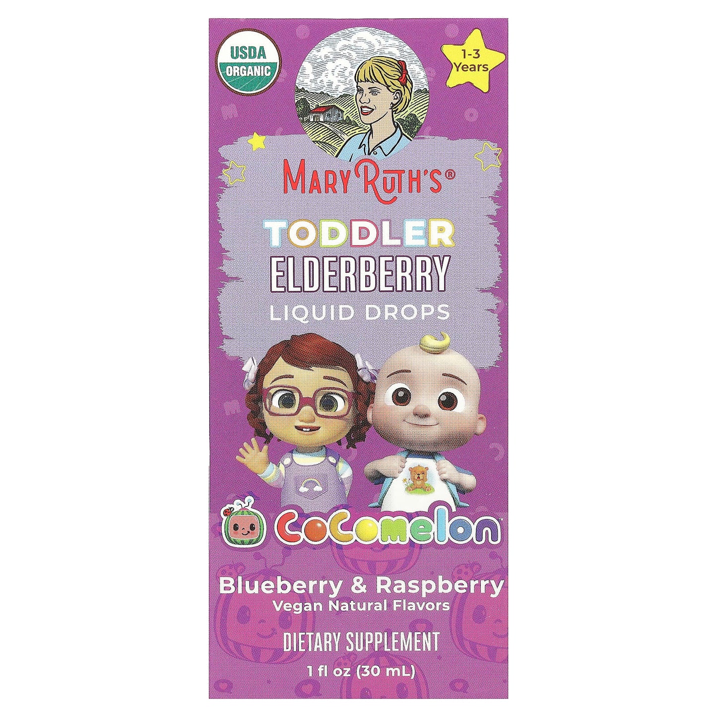 MaryRuth's, Cocomelon, Toddler Elderberry Liquid Drops, 1-3 Years, Blueberry & Raspberry, 35 mg, 1 fl oz (30 ml) - Image 1