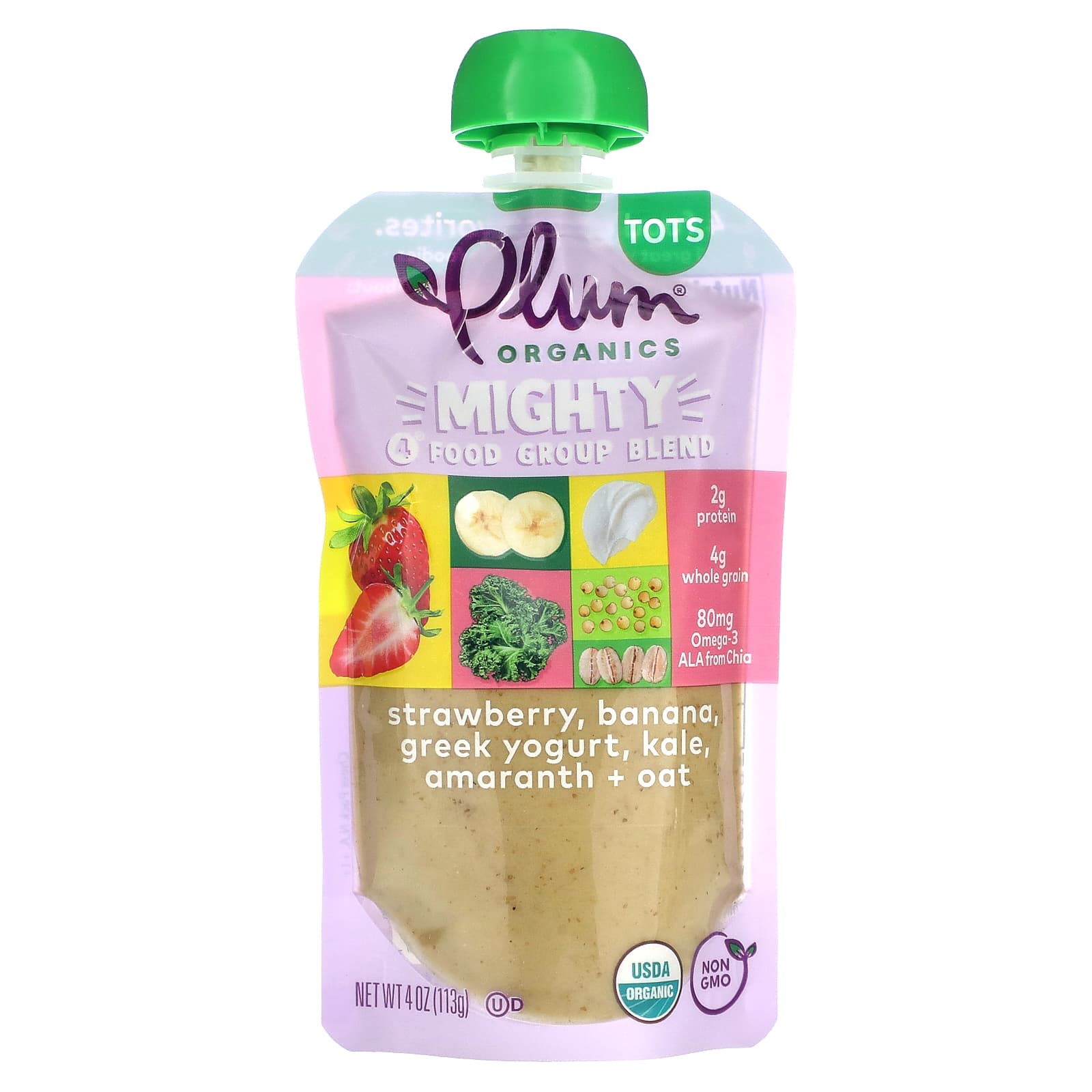 Plum Organics, Mighty Food Group Blend, Tots, Strawberry, Banana, Greek Yogurt, Kale, Amaranth, Oat, 4 oz (113 g) - Image 1