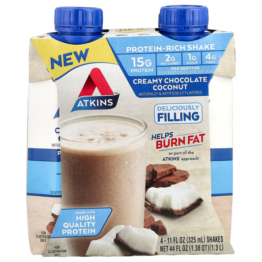 Atkins Creamy Chocolate Coconut Protein Shake, 11fl oz, 4 Pack - Image 1