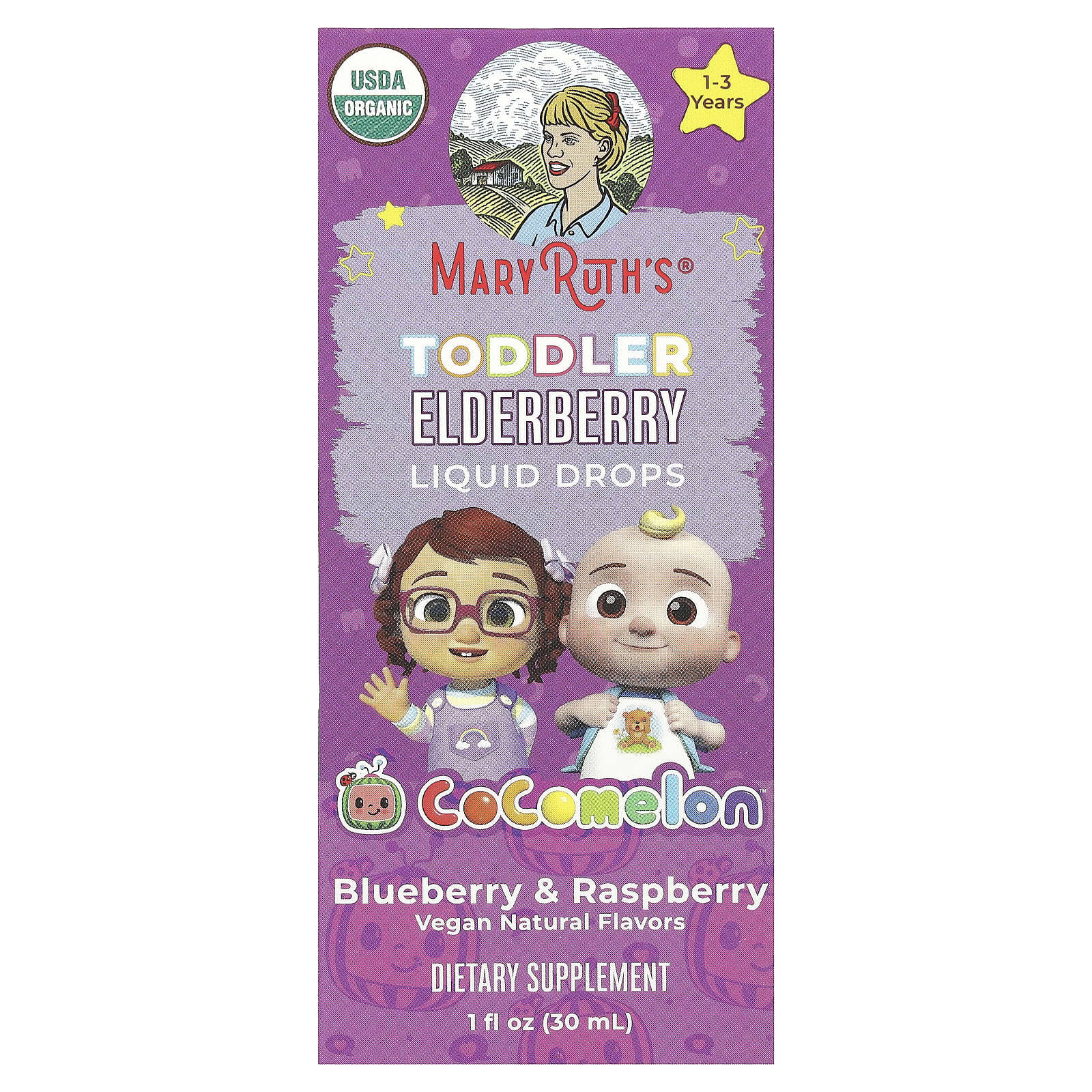 MaryRuth's, Cocomelon, Toddler Elderberry Liquid Drops, 1-3 Years, Blueberry & Raspberry, 35 mg, 1 fl oz (30 ml)