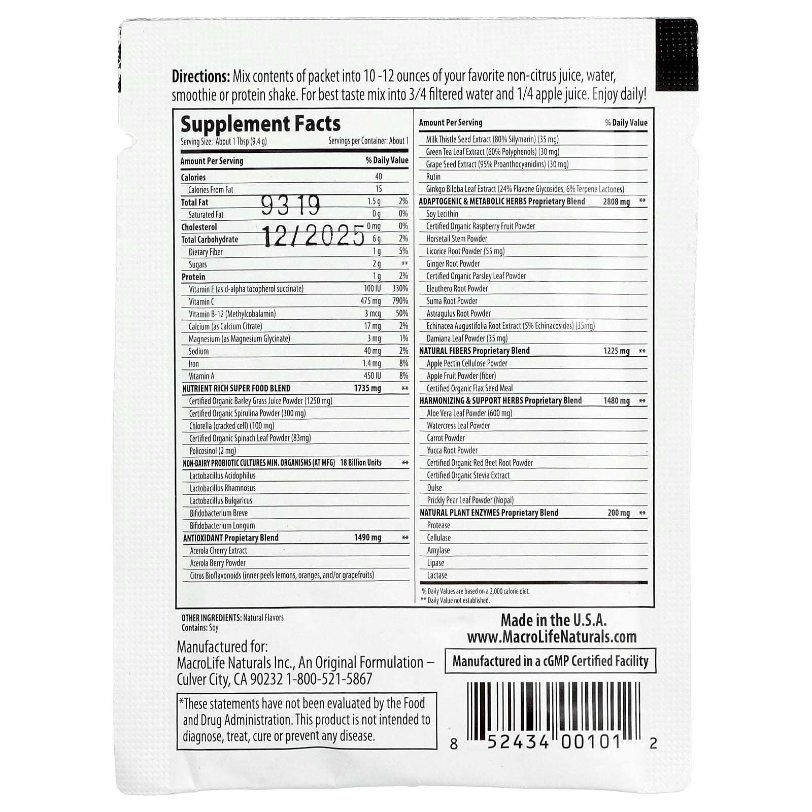 Macrolife Naturals, Macro Greens®, Superfood, 0.3 oz (9.4 g) - Image 2