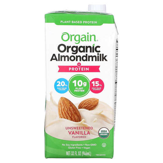 Orgain, Organic Almondmilk  + Protein, Plant-Based, Unsweetened Vanilla, 32 fl oz (946 ml) - Image 1