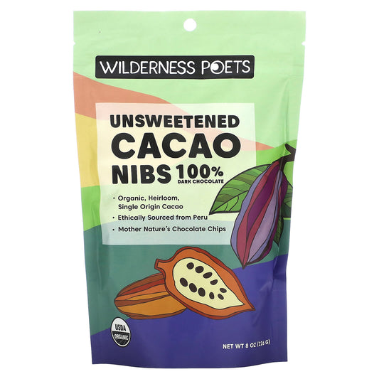Wilderness Poets, Organic Unsweetened Cacao Nibs, Dark Chocolate, 8 oz (226 g) - Image 1