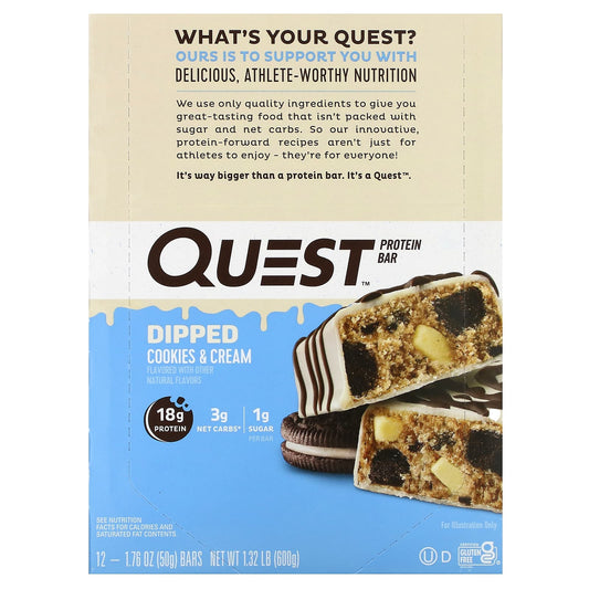 Quest Nutrition, Protein Bar, Dipped Cookies & Cream, 12 Bars, 1.76 oz (50 g) Each - Image 1