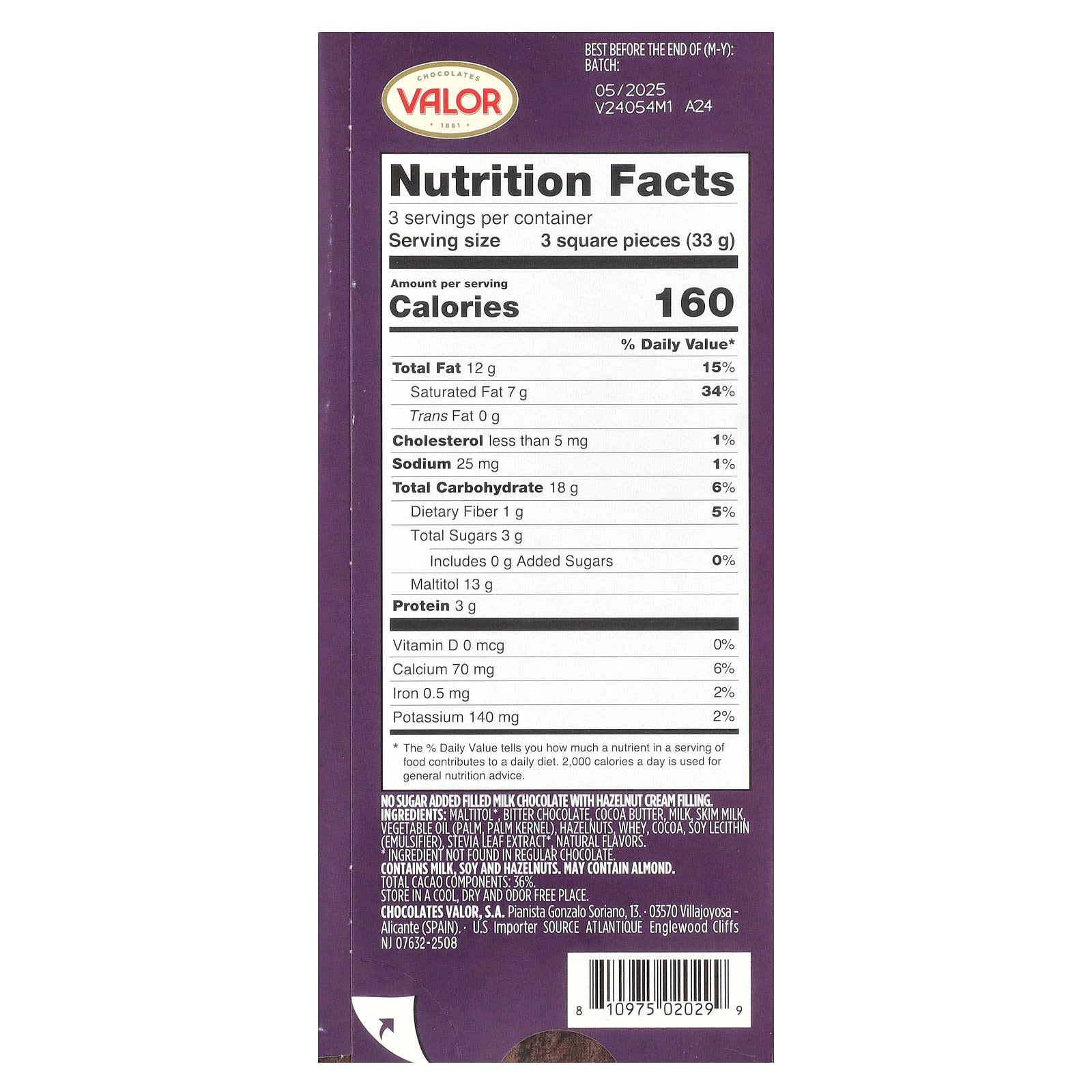 Valor, 0% Sugar Added, Creamy Milk Chocolate with Hazelnut Cream Filling, 3.5 oz (100 g) - Image 2