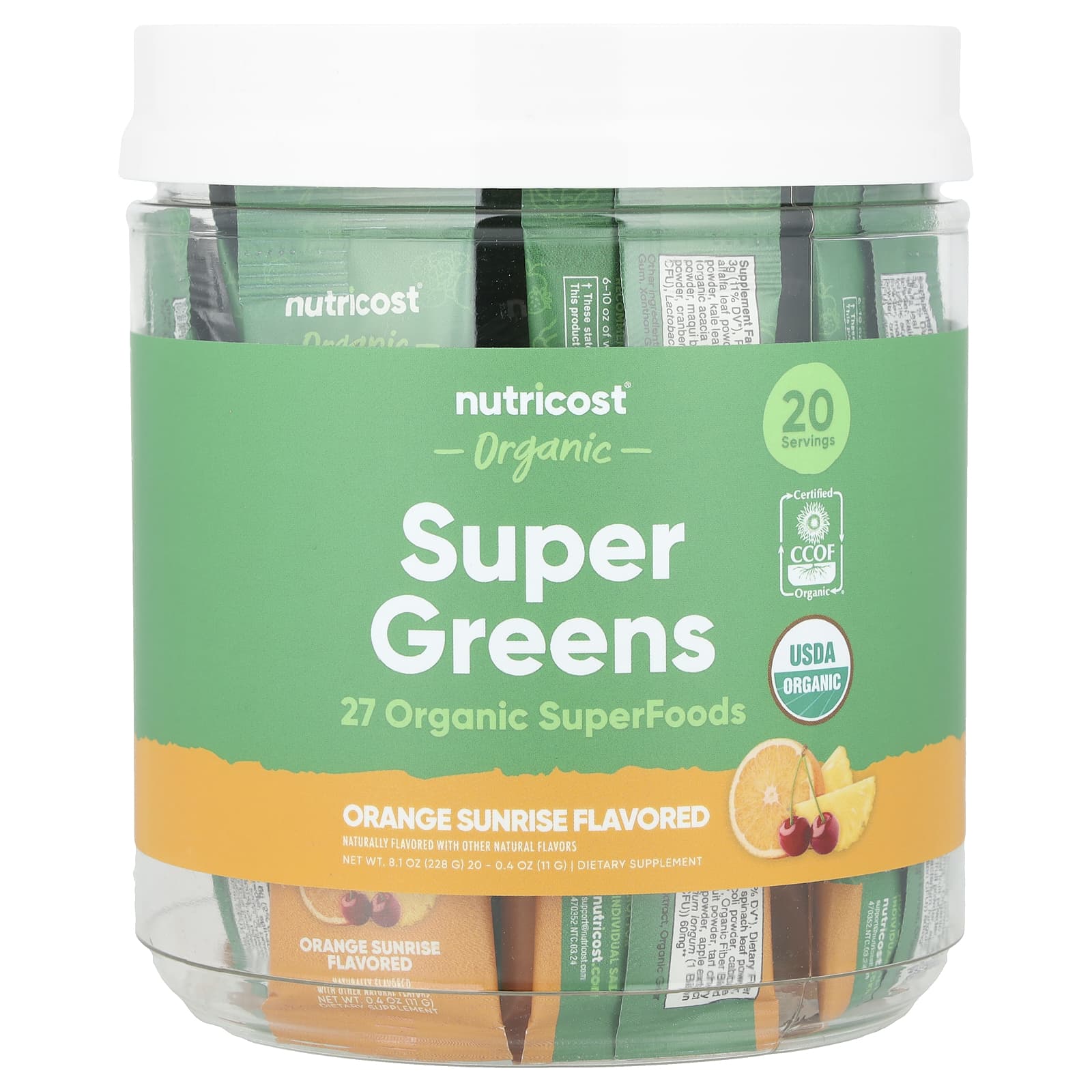 Nutricost, Organic Super Greens, Orange Sunrise, 20 Stick Packs, 0.4 oz (11 g) Each - Image 1