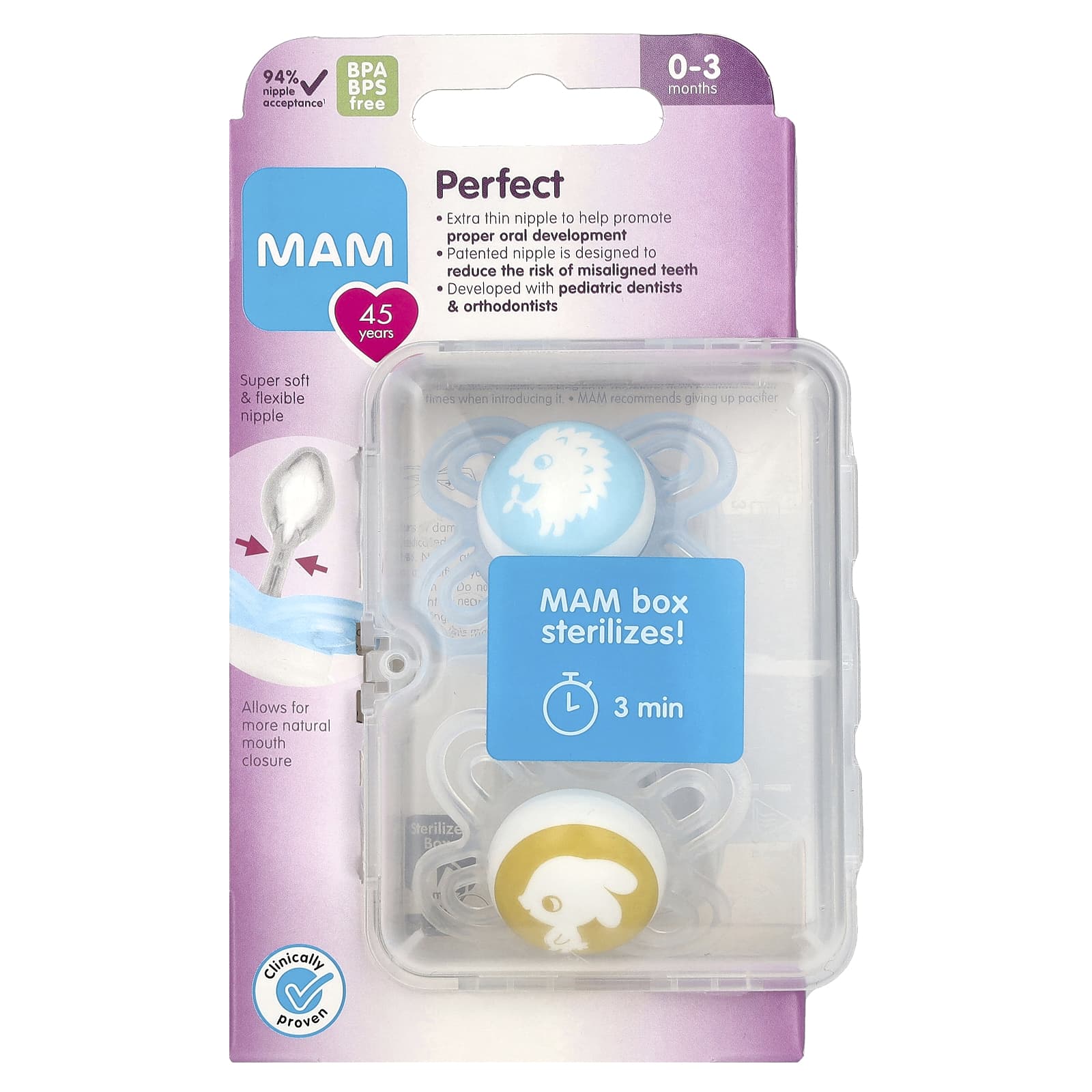 MAM, Perfect Pacifier, 0-3 Months, Boy, 2 Count - Image 1