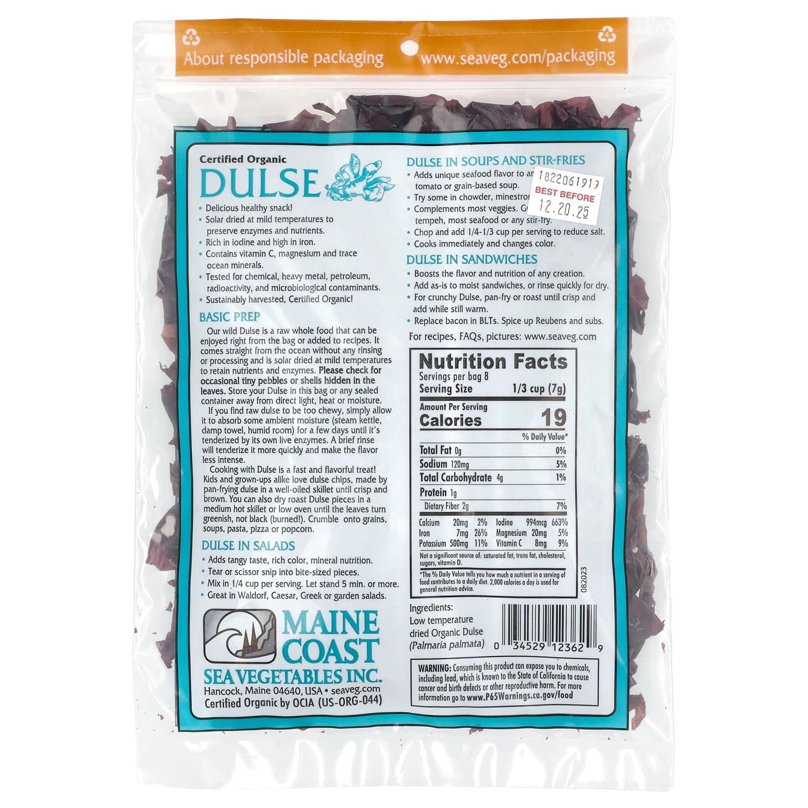 Maine Coast Sea Vegetables, Dulse, Wild Atlantic Sea Vegetable, 2 oz (56 g) - Image 2