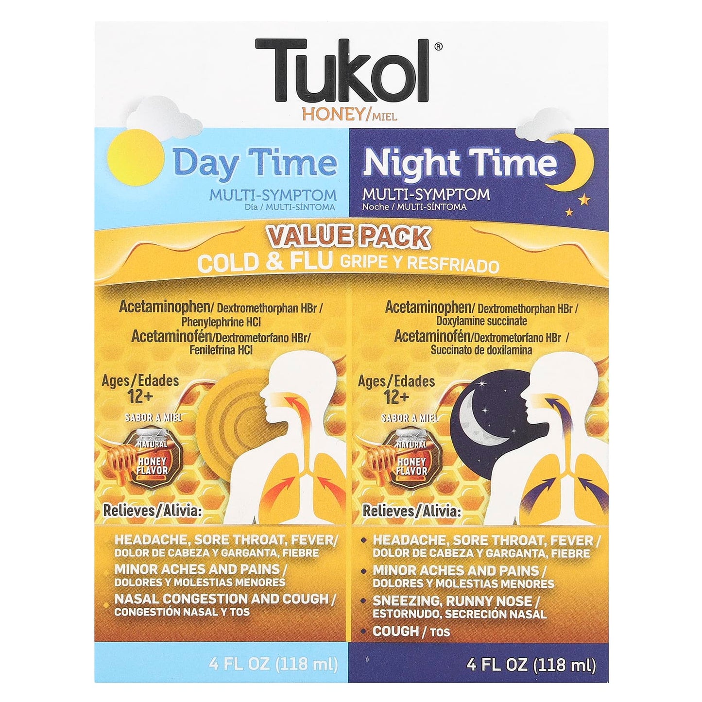 Tukol, Honey. Multi-Symptom Cold & Flu, Day Time & Night Time Value Pack, Ages 12+, Natural Honey, 2 Pack, 4 fl oz (118 ml) Each - Image 1