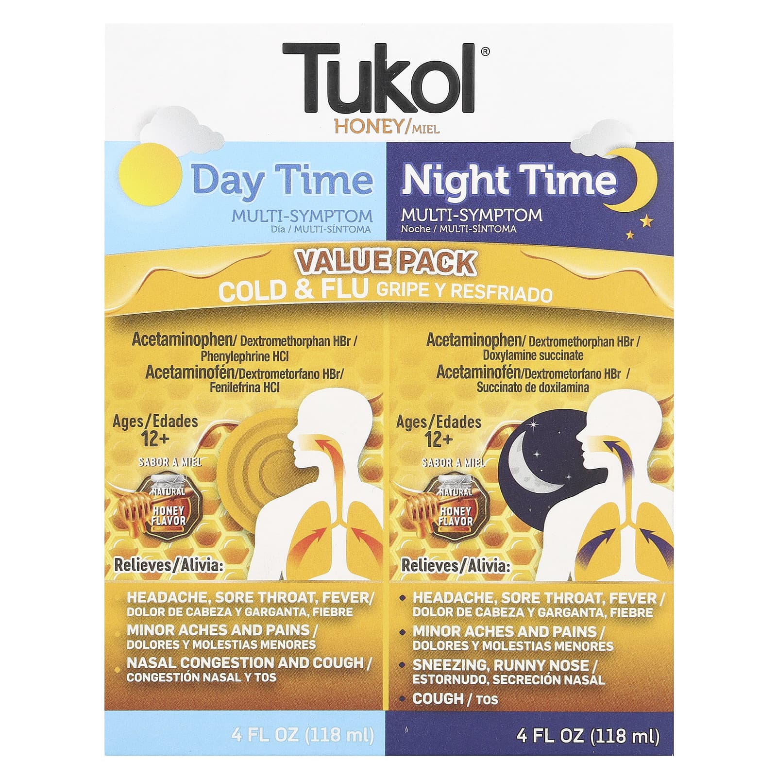 Tukol, Honey. Multi-Symptom Cold & Flu, Day Time & Night Time Value Pack, Ages 12+, Natural Honey, 2 Pack, 4 fl oz (118 ml) Each - Image 1
